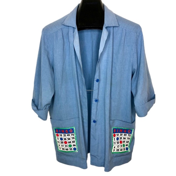 VINTAGE 80s Grandma Costume Blue Bingo Chambray Button-down Shirt Size Large - Picture 4 of 11